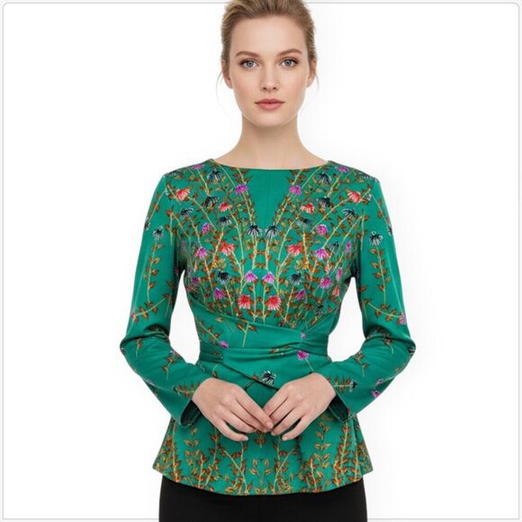 Travona Tops - Travona Italy Vintage Green Colorful Floral Wrap Tie Waist Top Blouse Retro 44